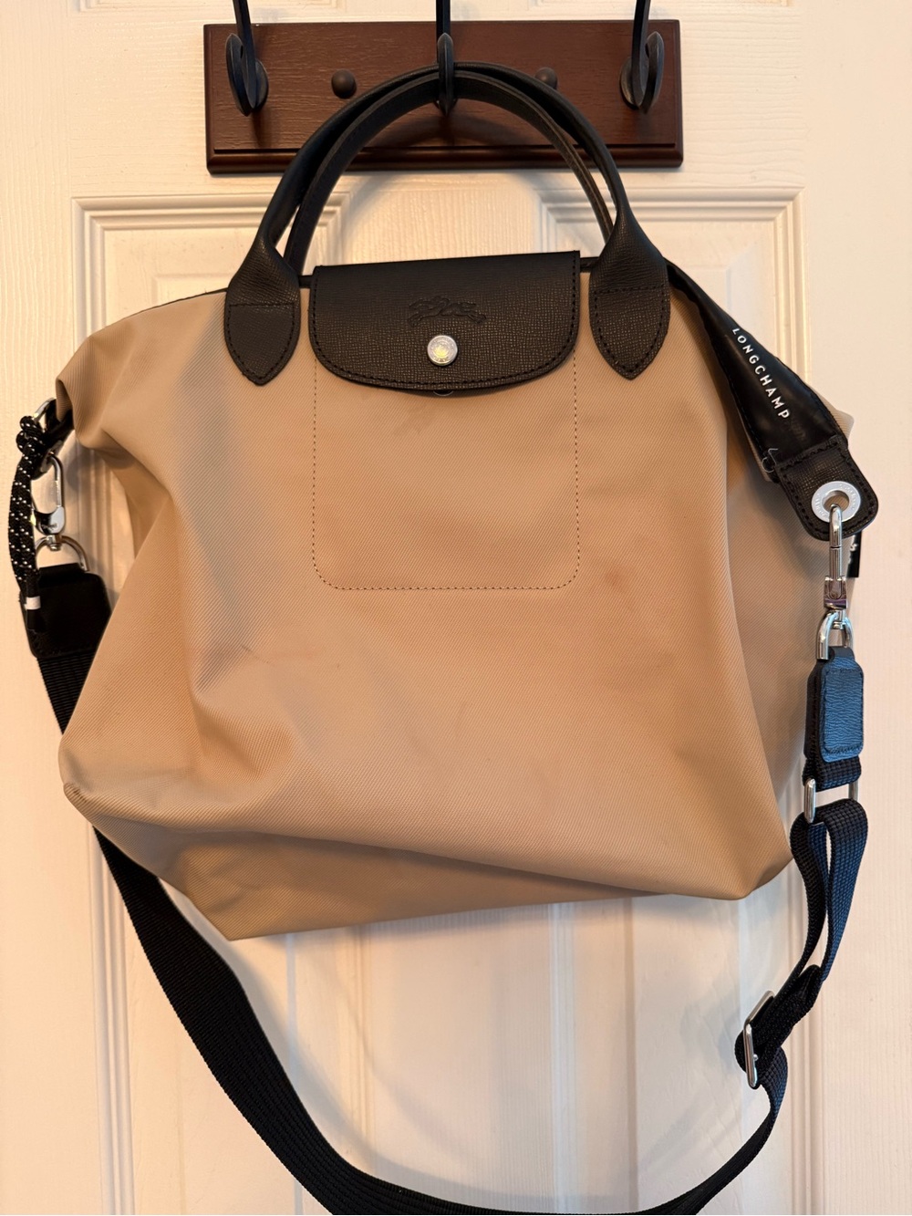 Longchamp Beige Shoulder Tote with Black Trim and Strap.